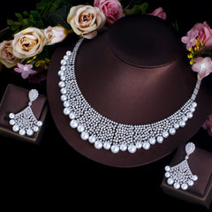 Super Luxurious White Cubic Zirconia Necklace and Earrings Imitation Pearl Wedding Bridal Big Jewelry Set for Women Jewellery