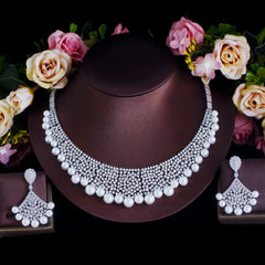 Super Luxurious White Cubic Zirconia Necklace and Earrings Imitation Pearl Wedding Bridal Big Jewelry Set for Women Jewellery