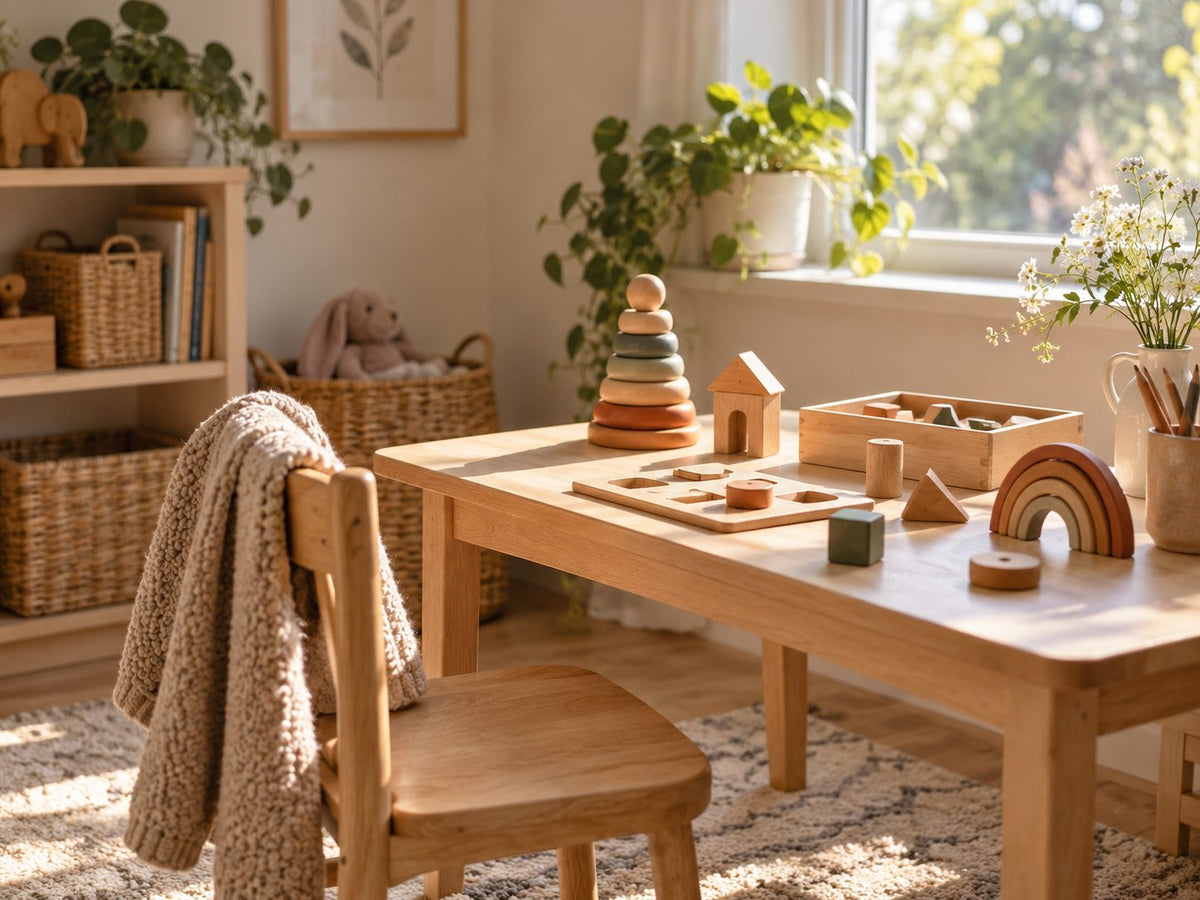 Coin d'apprentissage cosy à la maison avec jouets Montessori en bois