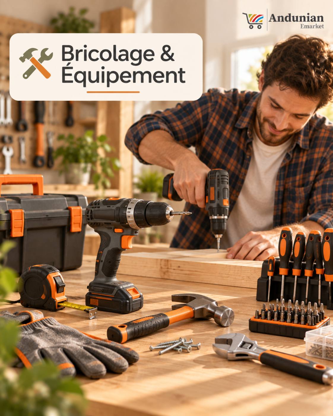 Collection Bricolage & Équipement : homme perçant une planche de bois à l'établi, entouré d'outils (perceuse, marteau, tournevis, boîte à outils).