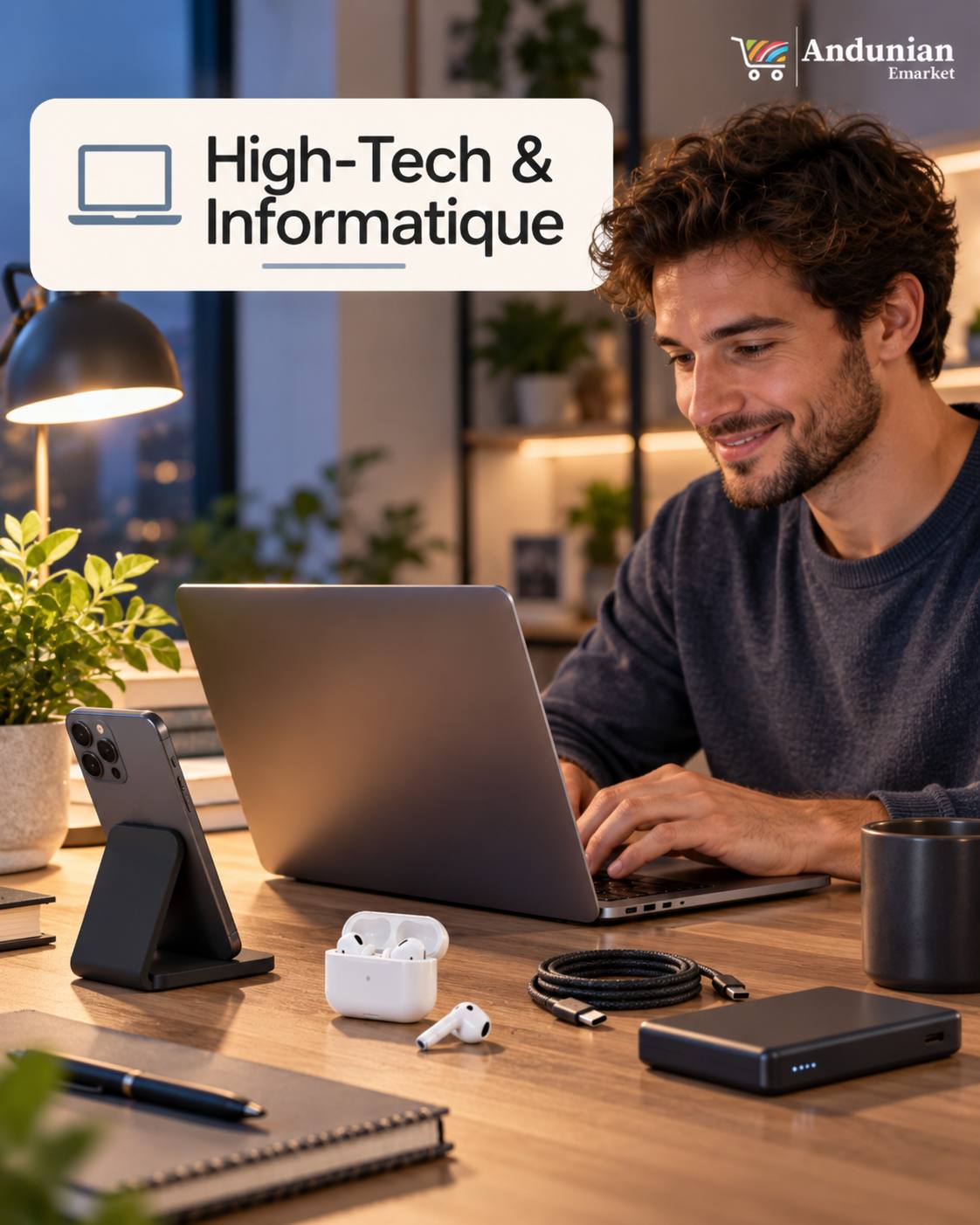 Collection High-Tech & Informatique : homme souriant travaillant sur son ordinateur portable, entouré d'un smartphone, d'écouteurs sans fil, d'un câble et d'une batterie externe.