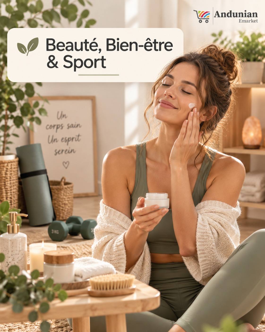 Collection Beauté, Bien-être & Sport : femme souriante appliquant une crème de soin sur son visage, entourée d'accessoires bien-être et de sport (tapis de yoga, haltères, bougie).