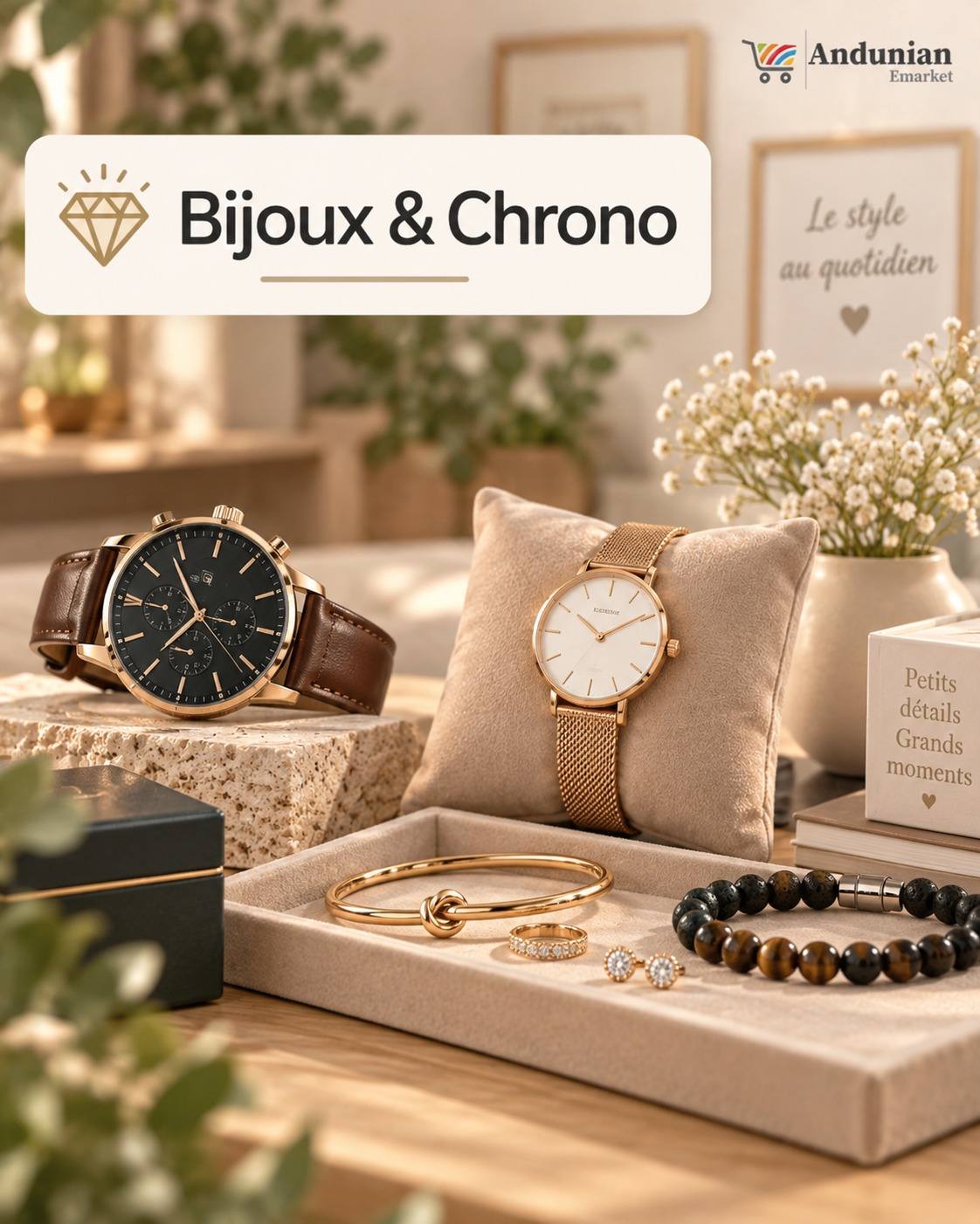 Collection Bijoux & Chrono : montres élégantes et bijoux (bracelets dorés, bague, boucles d'oreilles) présentés sur un plateau raffiné.