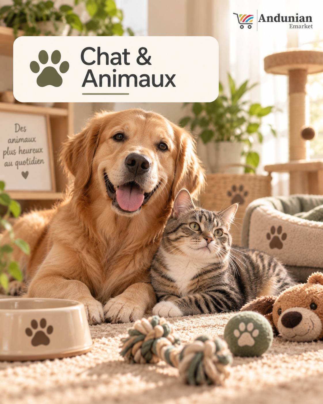 Collection Chat & Animaux : un chien et un chat côte à côte entourés d'accessoires pour animaux de compagnie (gamelle, jouets, panier).