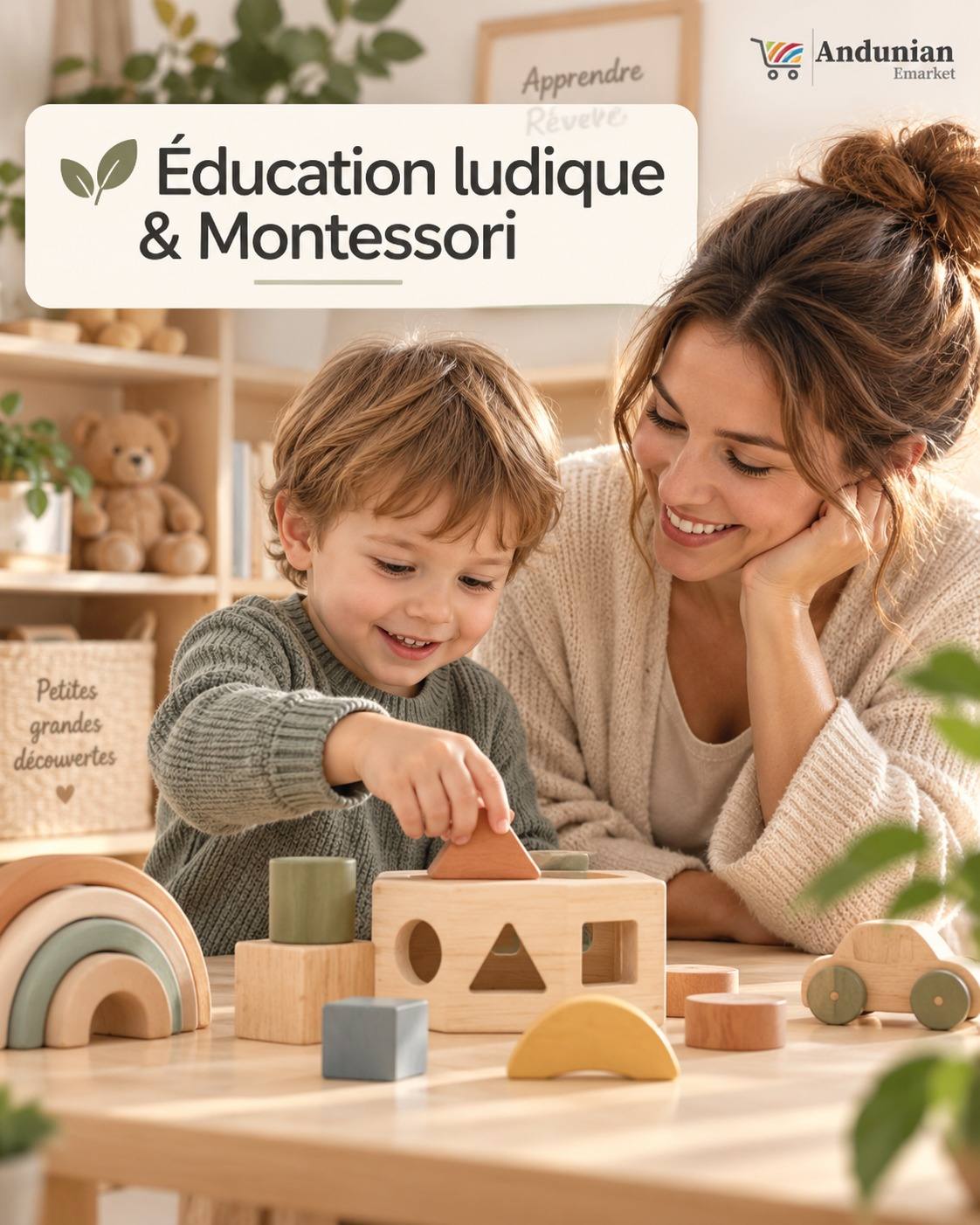 Collection Éducation ludique & Montessori : une maman et son jeune fils jouant ensemble avec des jouets en bois Montessori (formes à encastrer, blocs de construction).