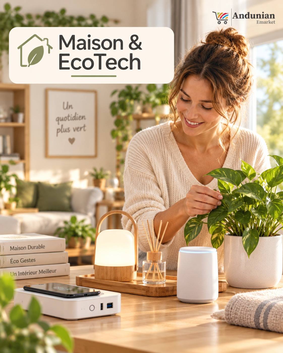 Collection Maison & EcoTech : femme s'occupant d'une plante verte entourée d'objets connectés et écoresponsables pour la maison (lampe, diffuseur, enceinte intelligente, batterie externe).