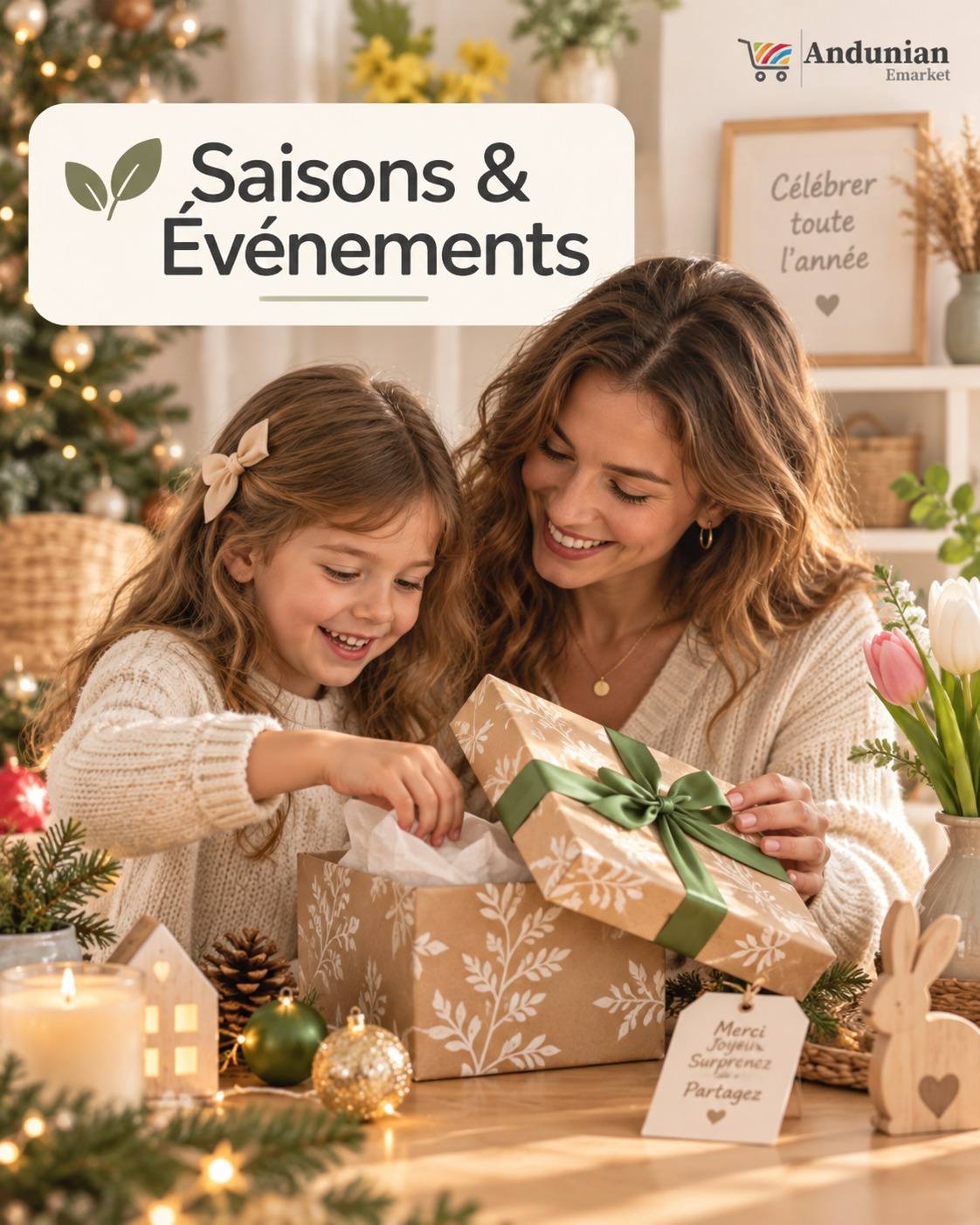 Collection Saisons & Événements : une maman et sa fille ouvrant ensemble un cadeau dans une ambiance festive de Noël.