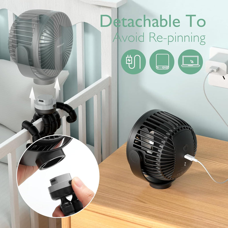 Ventilateur Poussette Noir, 8000mAh, 27H, 4 Vitesses, 360° | Veilleuse, Détachable, Rechargeable USB, Voyage, Siège, Chambre, Nouveau-né, Silencieux, Puissant, Portable, Camping | Rafraîchissement Puissant et Silencieux