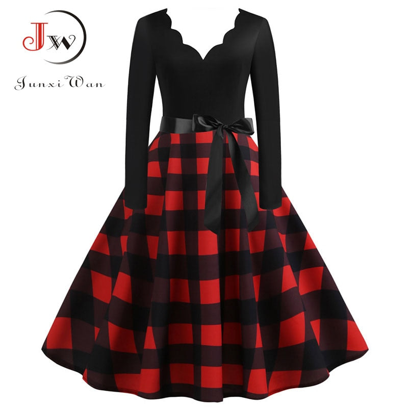 Women Long Sleeve Vintage Polka Dot Dress Pin Up Gothic Winter New Year Party Dresses 3XL Black Vestidos