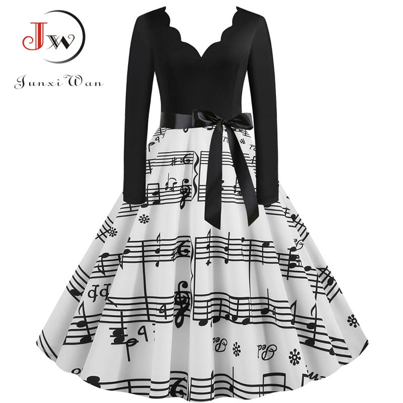 Women Long Sleeve Vintage Polka Dot Dress Pin Up Gothic Winter New Year Party Dresses 3XL Black Vestidos