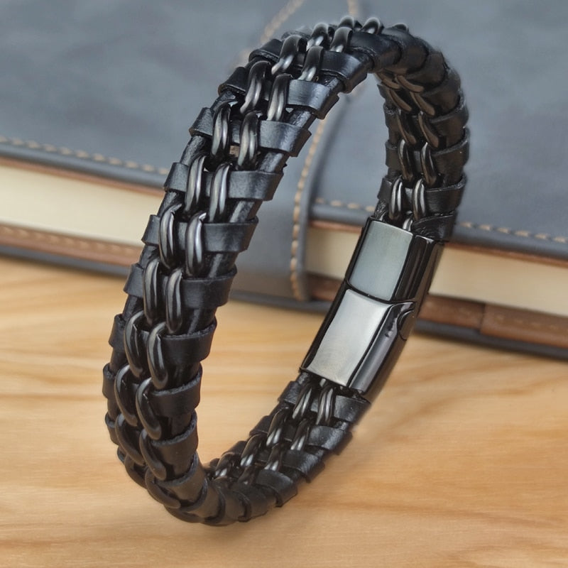 Bracelet Chaîne Cuir Homme - Fermoir Magnétique Doré