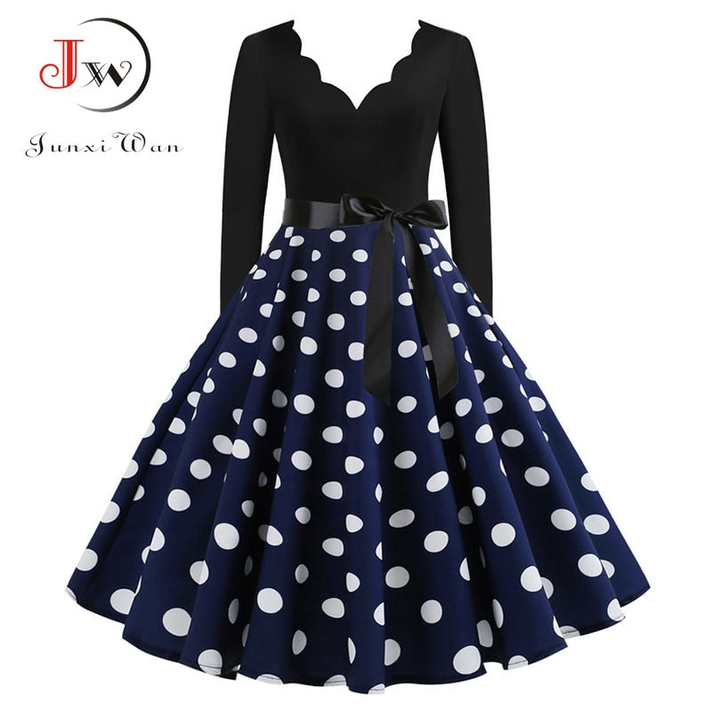 Women Long Sleeve Vintage Polka Dot Dress Pin Up Gothic Winter New Year Party Dresses 3XL Black Vestidos