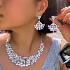 Super Luxurious White Cubic Zirconia Necklace and Earrings Imitation Pearl Wedding Bridal Big Jewelry Set for Women Jewellery