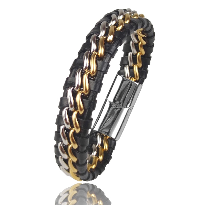 Bracelet Chaîne Cuir Homme - Fermoir Magnétique Doré