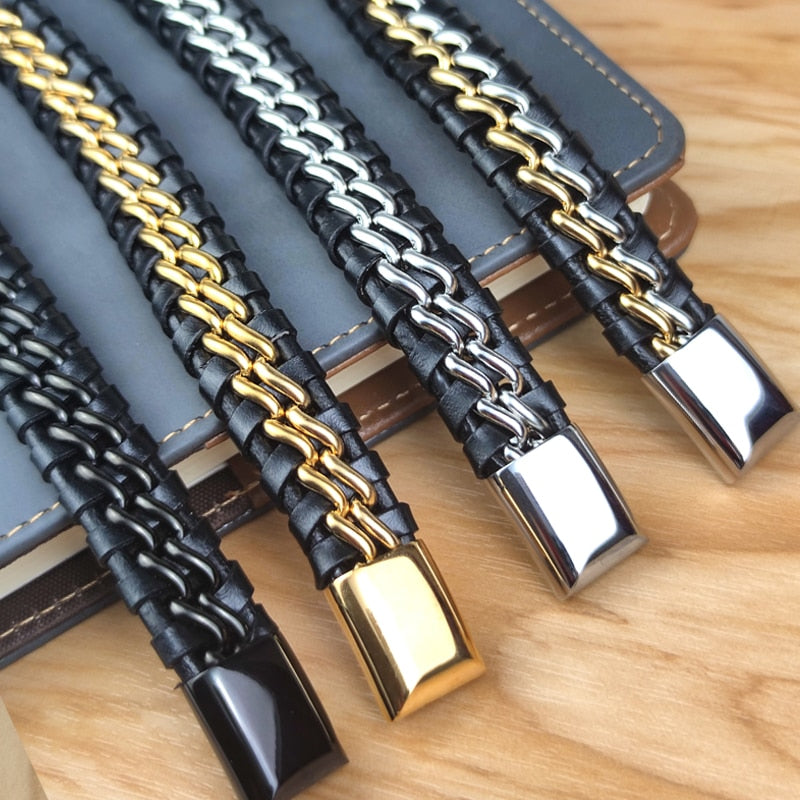 Bracelet Chaîne Cuir Homme - Fermoir Magnétique Doré