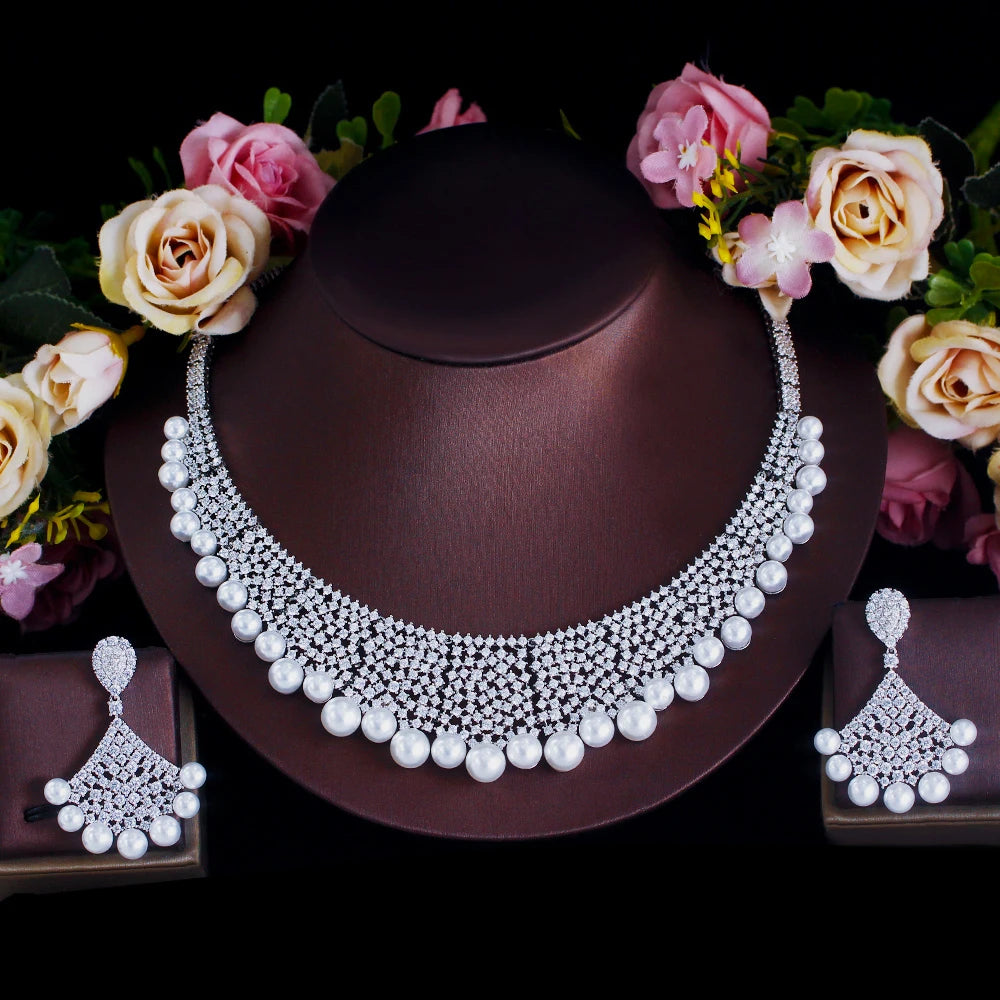 Super Luxurious White Cubic Zirconia Necklace and Earrings Imitation Pearl Wedding Bridal Big Jewelry Set for Women Jewellery