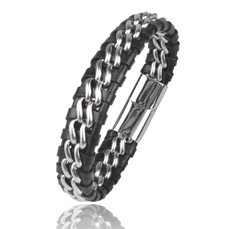 Bracelet Chaîne Cuir Homme - Fermoir Magnétique Doré