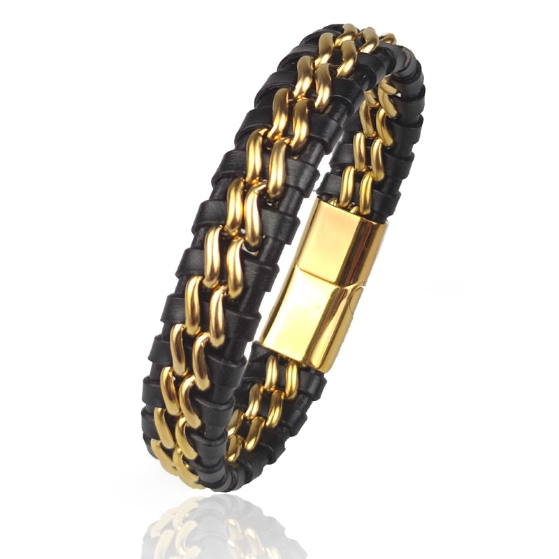 Bracelet Chaîne Cuir Homme - Fermoir Magnétique Doré