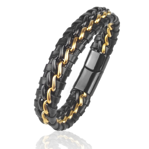Bracelet Chaîne Cuir Homme - Fermoir Magnétique Doré