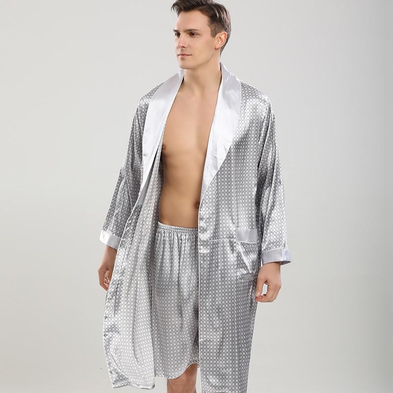 Men Robe Sets Satin Kimono Gown Male Sleepwear Bathrobe Faux Silk 2PCS Robe&Shorts Suit Casual Nightwear Lounge Wear Homewear