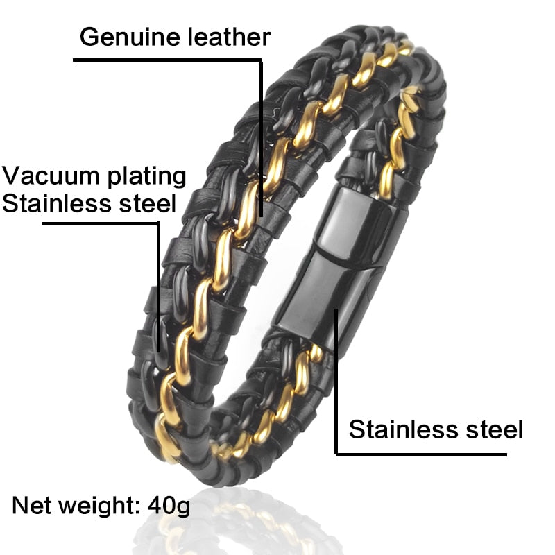 Bracelet Chaîne Cuir Homme - Fermoir Magnétique Doré