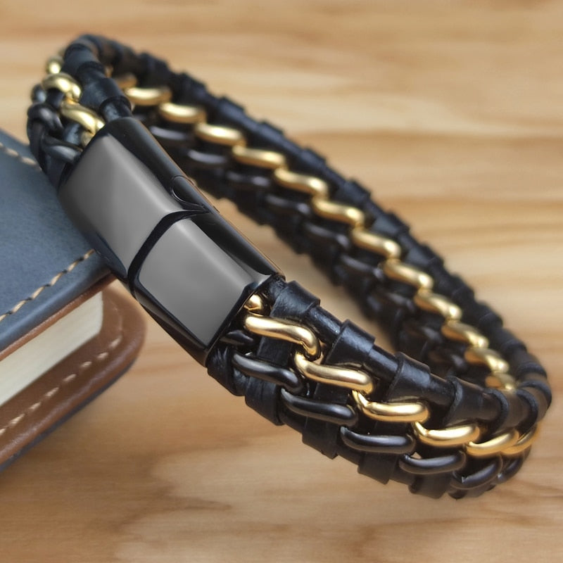 Bracelet Chaîne Cuir Homme - Fermoir Magnétique Doré