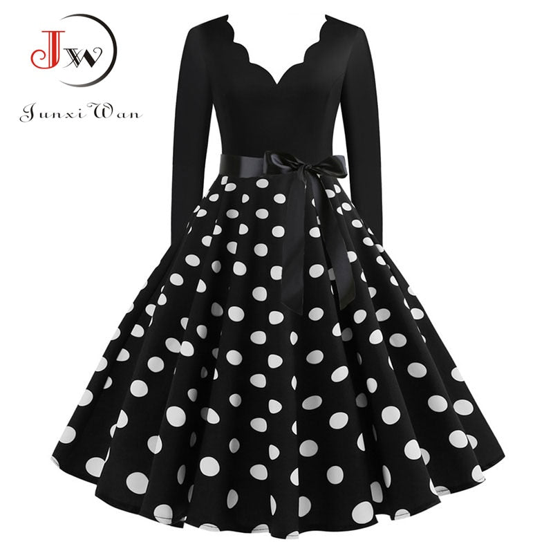 Women Long Sleeve Vintage Polka Dot Dress Pin Up Gothic Winter New Year Party Dresses 3XL Black Vestidos