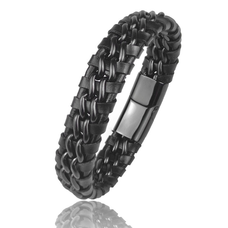 Bracelet Chaîne Cuir Homme - Fermoir Magnétique Doré