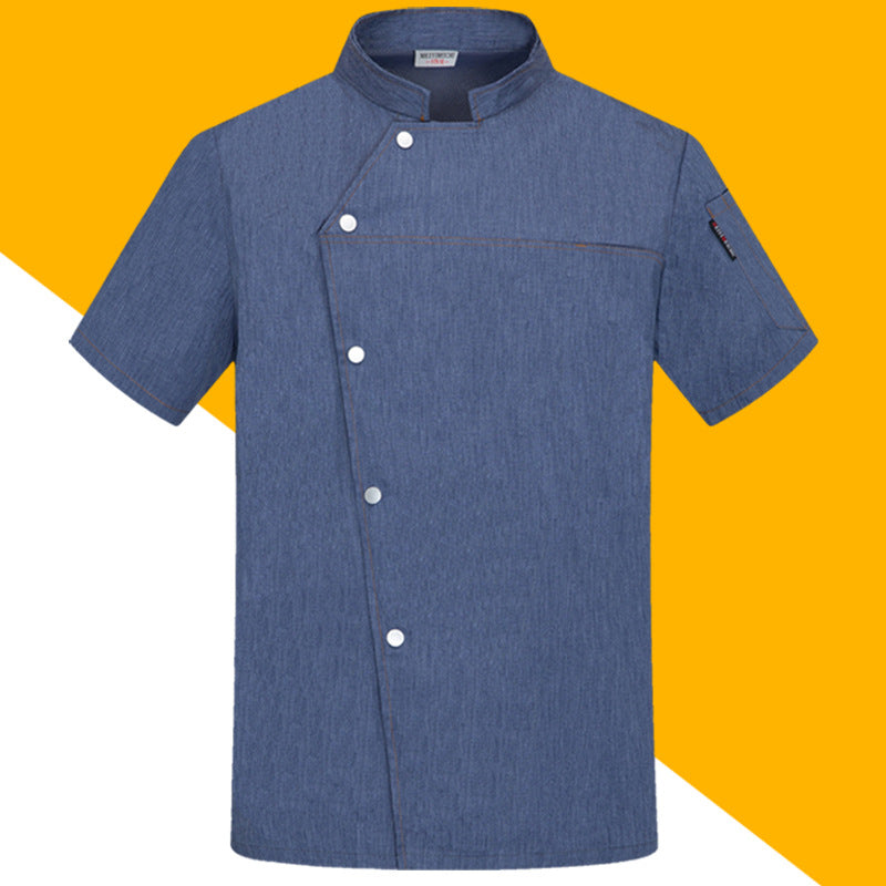 High-End Blue Chef Work Clothes Men's Short-Sleeved Summer Hotel Chef Clothing Women's Breathable Mesh Catering Kitchen Long-Sleeved