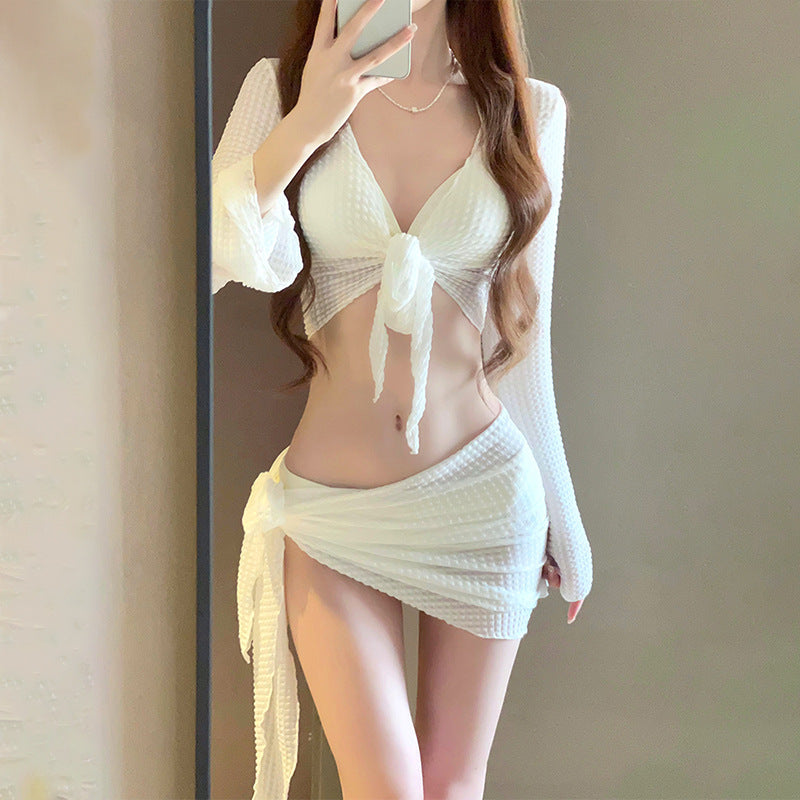 Bikini Swimsuit for Women 2025 New Four-Piece Set High-End Sexy Split Long-Sleeved Swimsuit for Women Pure Color Hot Spring