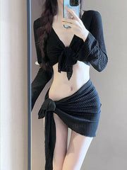 Bikini Swimsuit for Women 2025 New Four-Piece Set High-End Sexy Split Long-Sleeved Swimsuit for Women Pure Color Hot Spring