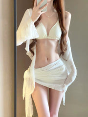 Bikini Swimsuit for Women 2025 New Four-Piece Set High-End Sexy Split Long-Sleeved Swimsuit for Women Pure Color Hot Spring