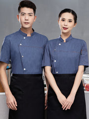 High-End Blue Chef Work Clothes Men's Short-Sleeved Summer Hotel Chef Clothing Women's Breathable Mesh Catering Kitchen Long-Sleeved