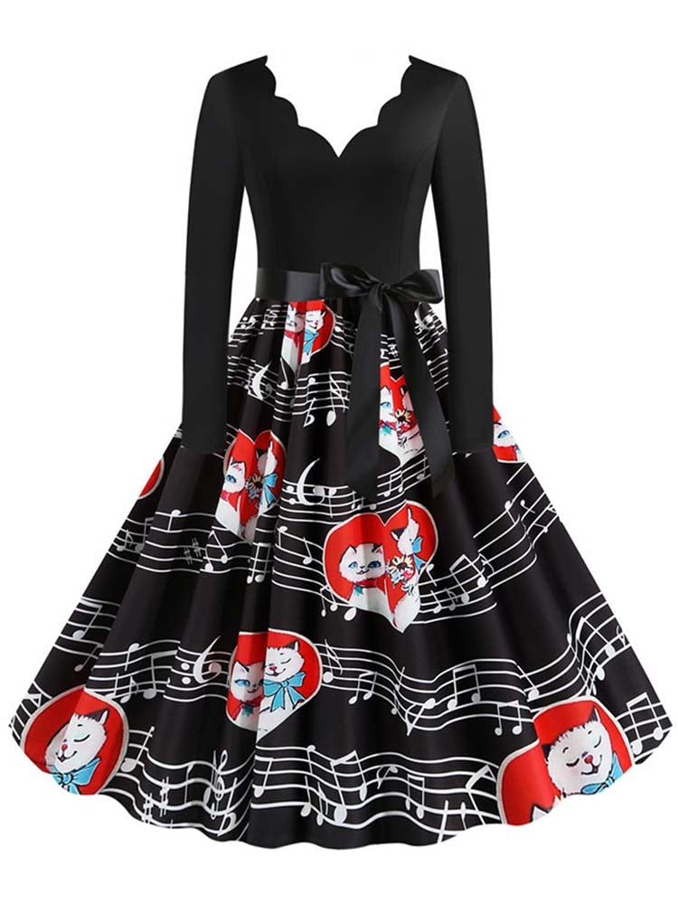 Women Long Sleeve Vintage Polka Dot Dress Pin Up Gothic Winter New Year Party Dresses 3XL Black Vestidos