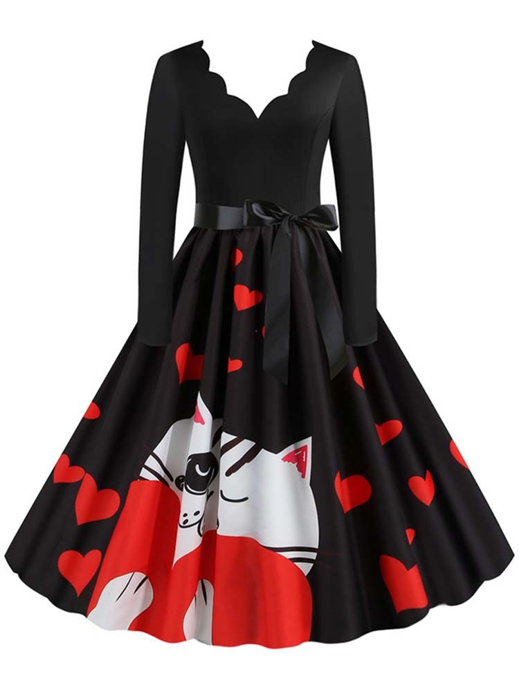 Women Long Sleeve Vintage Polka Dot Dress Pin Up Gothic Winter New Year Party Dresses 3XL Black Vestidos