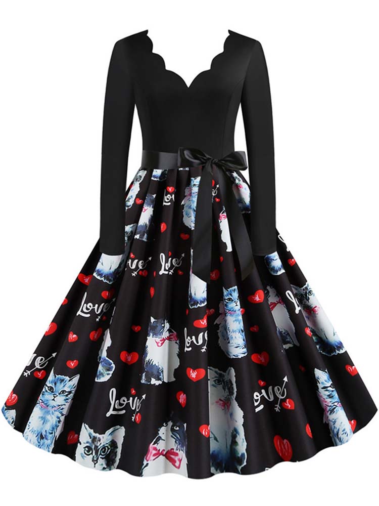 Women Long Sleeve Vintage Polka Dot Dress Pin Up Gothic Winter New Year Party Dresses 3XL Black Vestidos