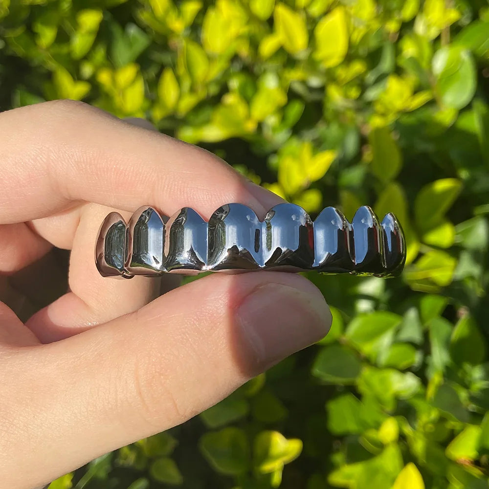 RACHELZ Hip Hop 8/6 dents de couleur noire Grillz Punk haut bas brillant bouchons de dents décor pour femmes hommes bijoux Halloween Cosplay