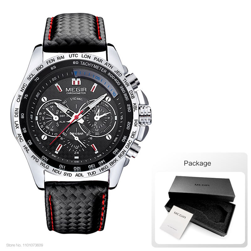 MEGIR hot fashion man's quartz wristwatch brand waterproof leather watches for men casual black watch for male 1010