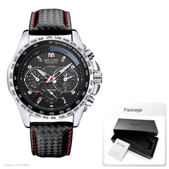 MEGIR hot fashion man's quartz wristwatch brand waterproof leather watches for men casual black watch for male 1010