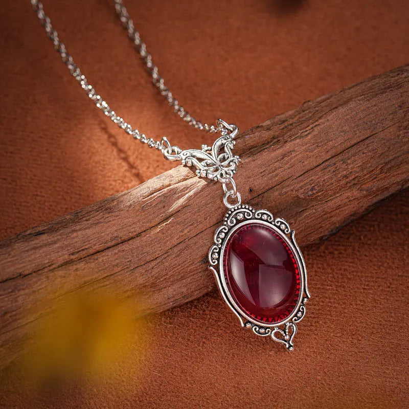 Collier Pendentif Quartz Rouge - Ovale Gothique Halloween