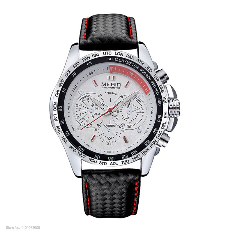 MEGIR hot fashion man's quartz wristwatch brand waterproof leather watches for men casual black watch for male 1010