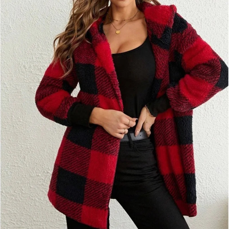 Cardigan polaire à carreaux pour femme – Capuche et coupe ample