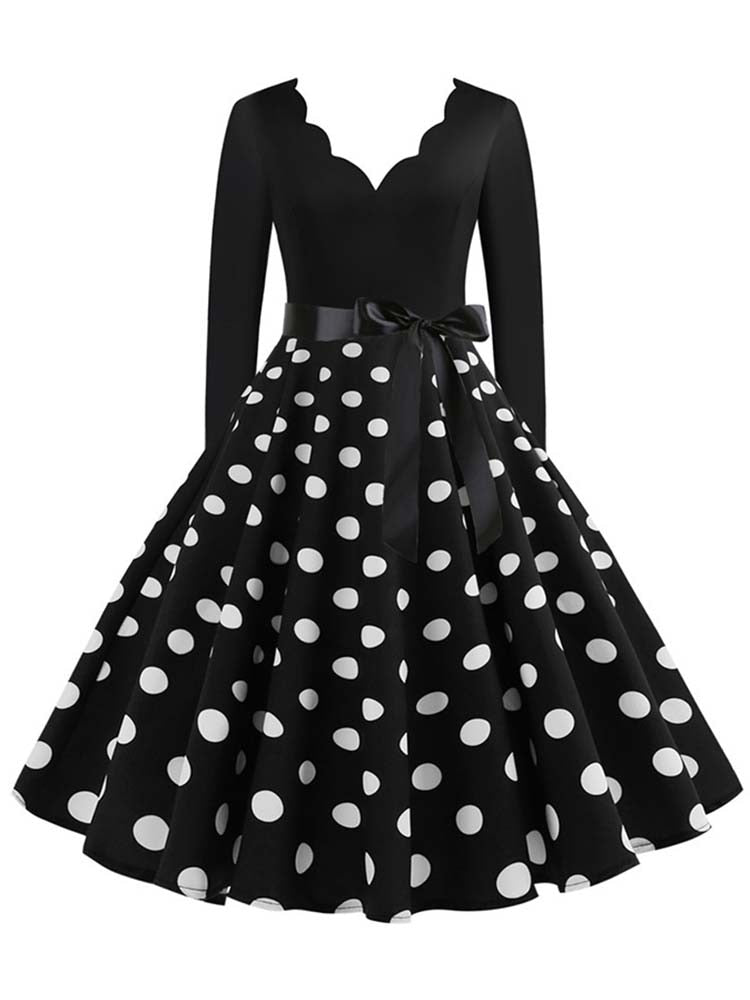 Women Long Sleeve Vintage Polka Dot Dress Pin Up Gothic Winter New Year Party Dresses 3XL Black Vestidos