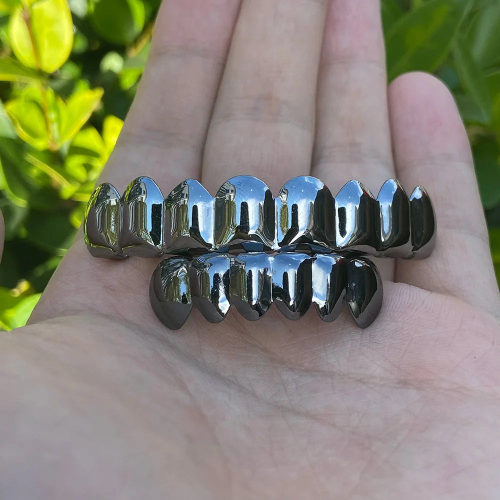 RACHELZ Hip Hop 8/6 dents de couleur noire Grillz Punk haut bas brillant bouchons de dents décor pour femmes hommes bijoux Halloween Cosplay