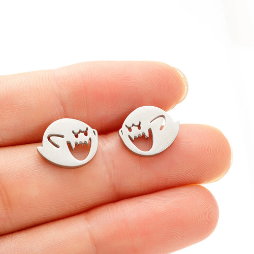 Boucles d'oreilles en acier inoxydable, 1 paire, mignonnes, dessin animé, noires, fantôme drôle, bijoux d'halloween minimalistes