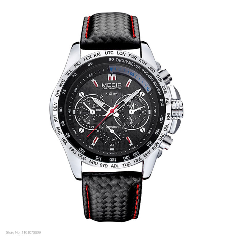 MEGIR hot fashion man's quartz wristwatch brand waterproof leather watches for men casual black watch for male 1010
