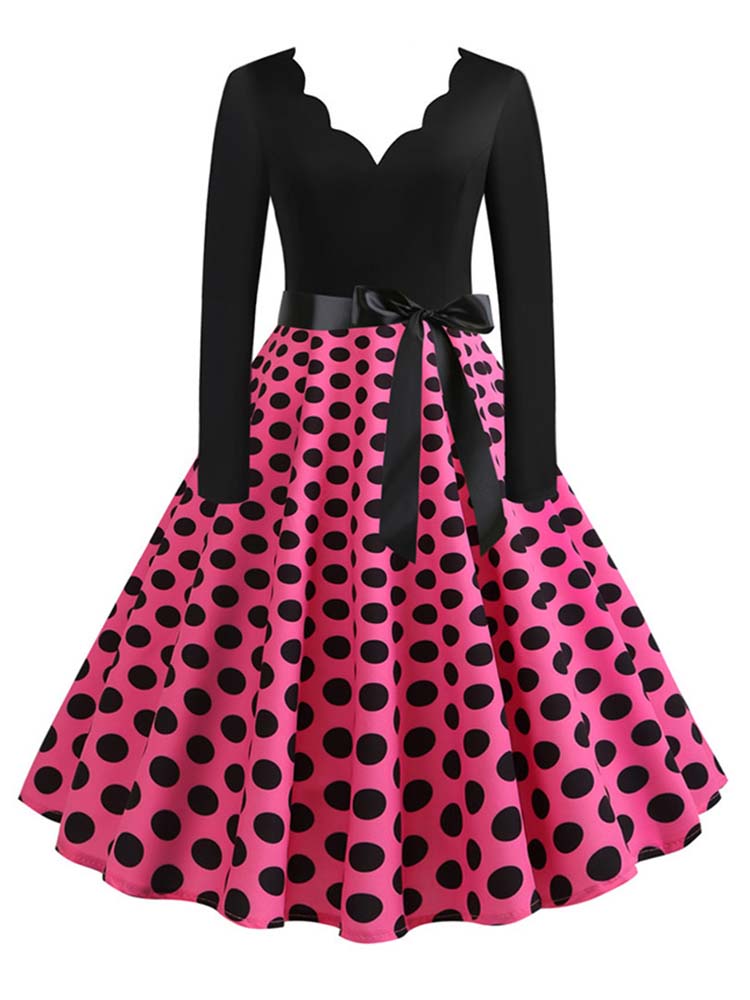 Women Long Sleeve Vintage Polka Dot Dress Pin Up Gothic Winter New Year Party Dresses 3XL Black Vestidos