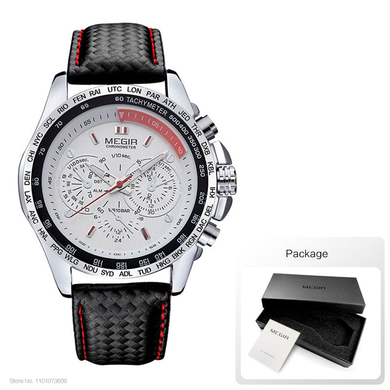 MEGIR hot fashion man's quartz wristwatch brand waterproof leather watches for men casual black watch for male 1010
