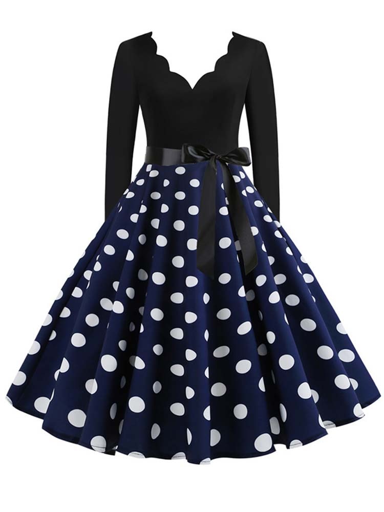 Women Long Sleeve Vintage Polka Dot Dress Pin Up Gothic Winter New Year Party Dresses 3XL Black Vestidos