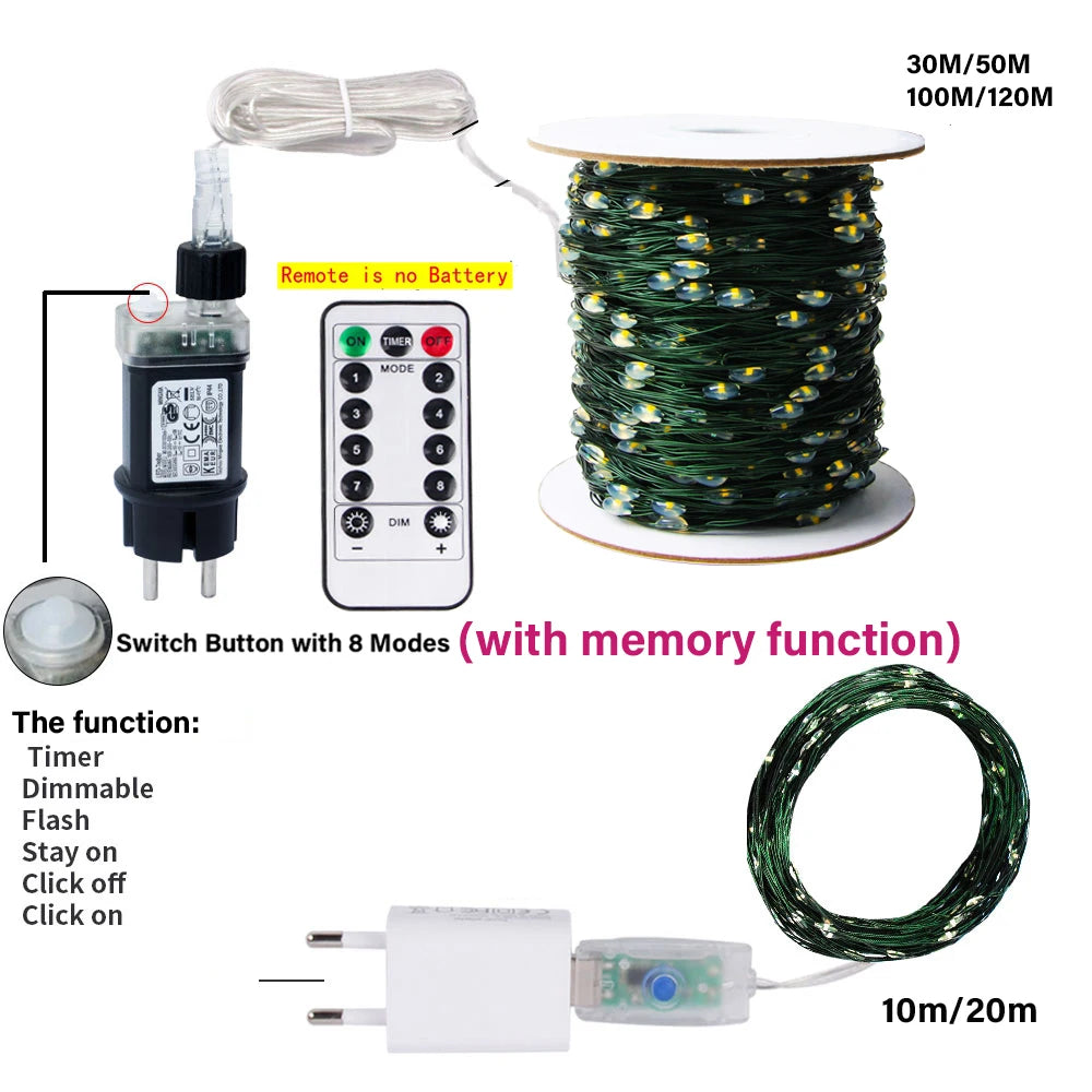 Guirlande LED 10-200m Fil Vert - Extérieur Arbre Noël